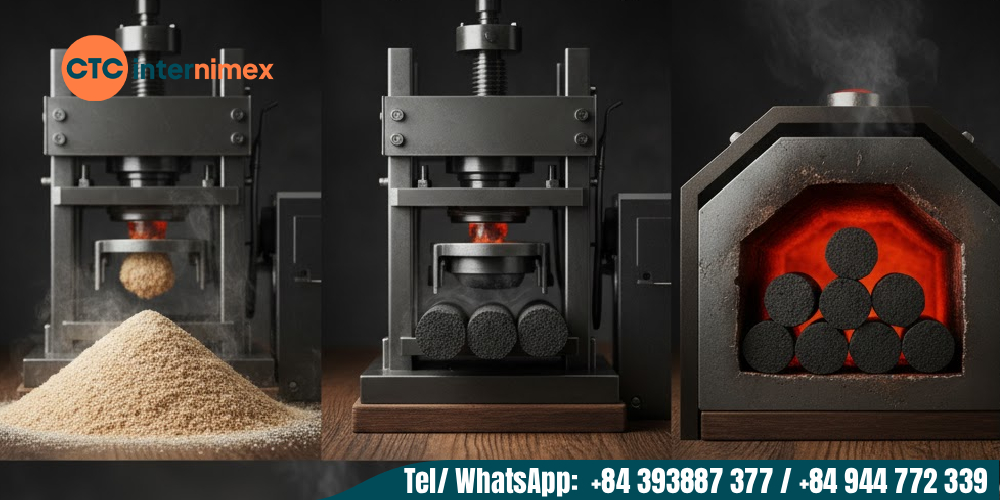 Illustration of the conversion process from sawdust to high quality compressed charcoal.