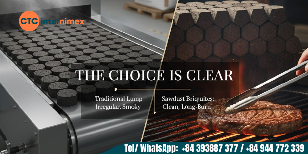 Compare traditional Lump with sawdust briquites