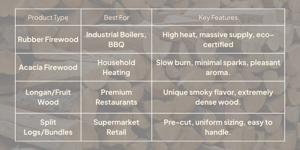 Each type of dry firewood has different characteristics and can be used for different purposes.